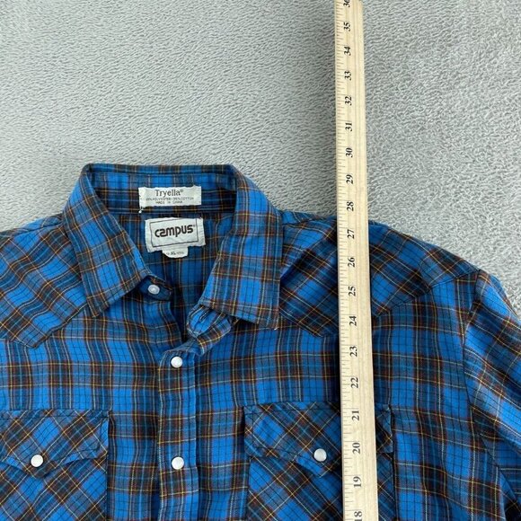 Vintage Campus Blue Plaid Western Shirt XL Snap Button Cotton Blend Mens 0436 - Picture 5 of 8